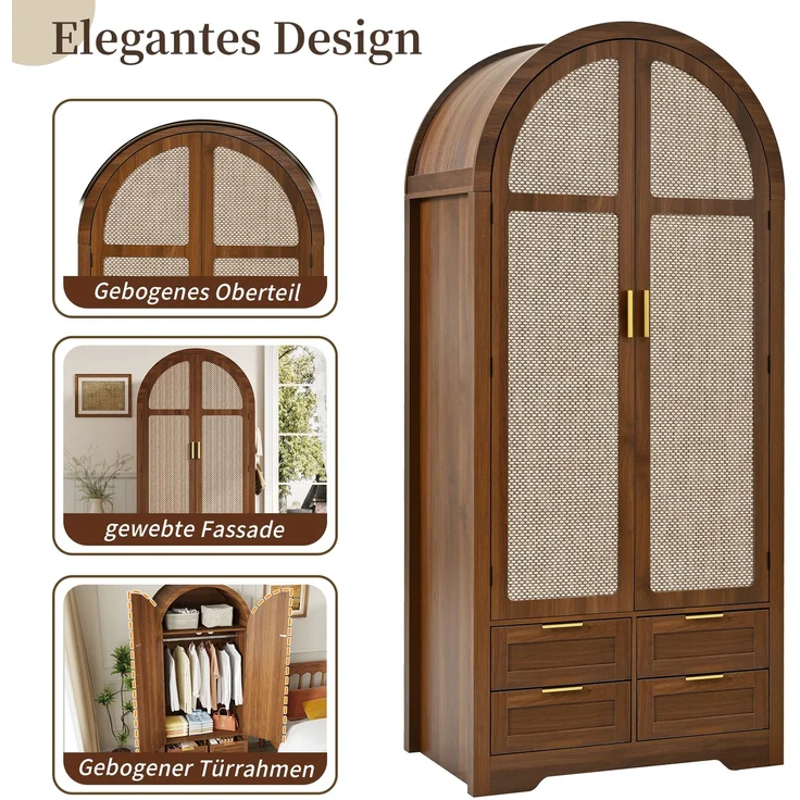 Kleiderschrank aus MDF mit geschwungenen Türen, Rattan-Optik, Schubladen, 80x50x179 cm, Walnut – Bild 7