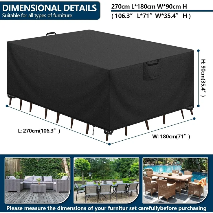 Aujink Abdeckung Gartenmöbel Winterfest, Wasserdichte Schutzhülle Gartenmöbel 420D Oxford Anti-UV Abdeckplane für Gartentische Terrassenmöbel Regenschutz und Staubfest Abdeckhaube Schwarz 270 x 180 x 90 cm – Bild 2