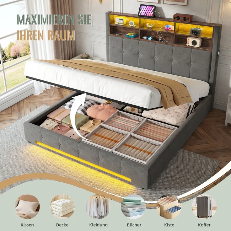 TavilaEcon Polsterbett mit Bettkasten und USB-C-Anschluss grau Liegefläche 160 × 200 cm – Bild 4
