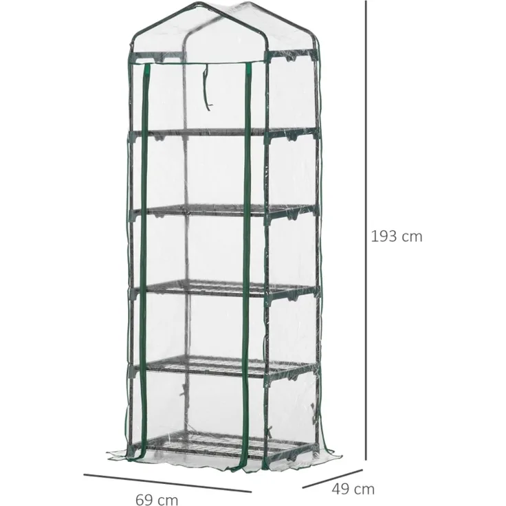 Wohnora-Foliengewächshaus Mini-Gewächshaus mit 5 Regale für Blumen oder Gemüse Aufzucht Treibhaus Transparent+Grün Stahl Kunststoff 69 x 49 x 193 cm,H 193cm x T 69cm x B 49cm
