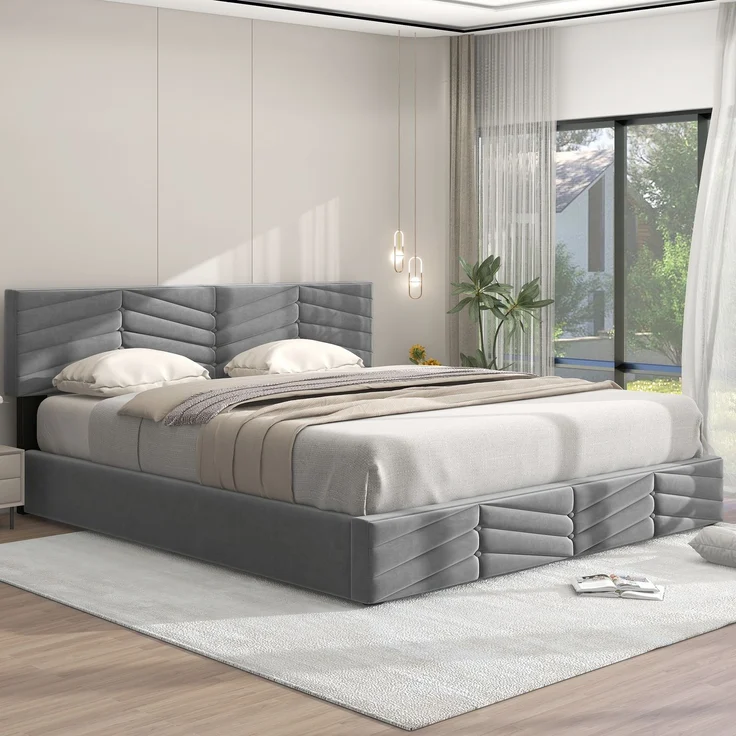 Novelux Polsterbett 180x200 cm mit Stauraum und Lattenrost – hydraulisches Samtbett in Grau, Doppelbett mit höhenverstellbarem Kopfteil – Bild 2