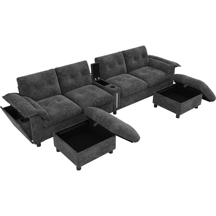 DESVIAE Sofa Modular Grau aus Chenille – 312x82x142 cm – Stauraum-Hocker, LED-Beleuchtung – Bild 8