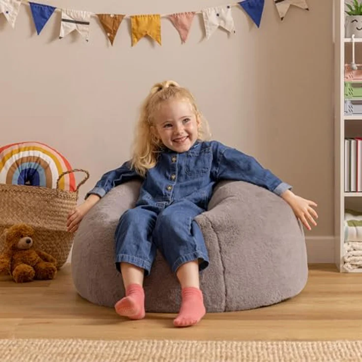 Icon Kingston Sitzsack Kinder, Hellgrau, Flauschiger Kunstpelzstoff, Sitzsack Flauschig mit Füllung, Bequemer Kinder Sessel, Kuschelsessel, Lese Sessel, Schlafzimmer, Kinderzimmer, Spielzimmer – Bild 3