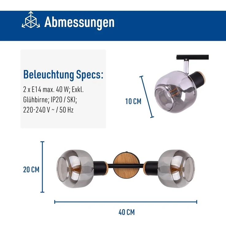 näve Deckenleuchte Fumoso, ohne Leuchtmittel, Warmweiß, Smoking Glass (dunkel getönt), Metall/Schwarz, schwenkbar, 2-flammig – Bild 6