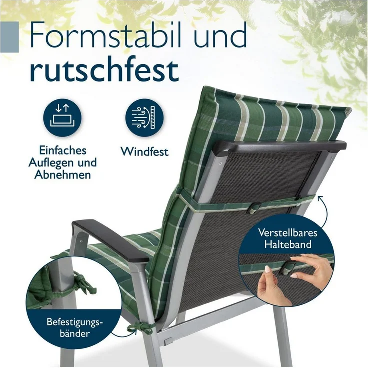 Beautissu Sitzauflage 6er Set Sun-NL Niederlehner Auflage 105x50x8cm Grün-Kariert, 8cm dick, rutschfest & robust – Befestigungsbänder, UV-Lichtechtheit 5 – Bild 3