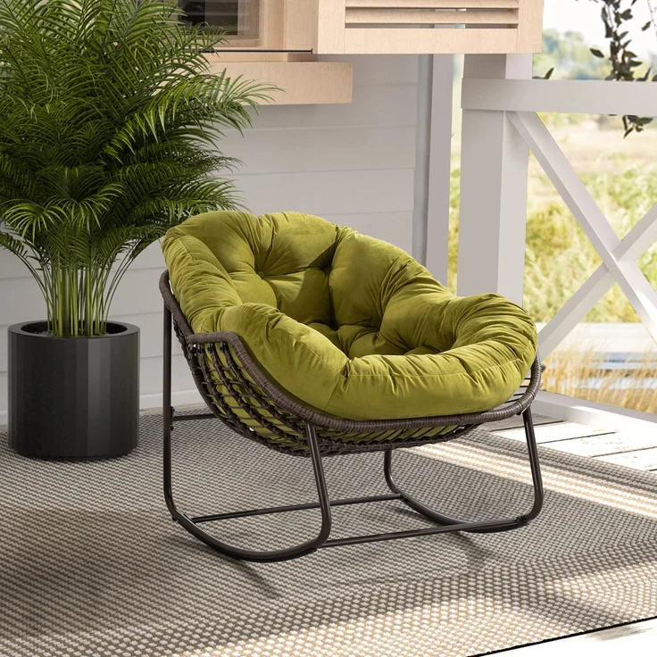 JARDJ Rattan-Schaukelstuhl für den Außenbereich, gepolsterter Schaukel- und Liegesessel für Veranda, Wohnzimmer, Terrasse, Garten, Olivgrün – Bild 2