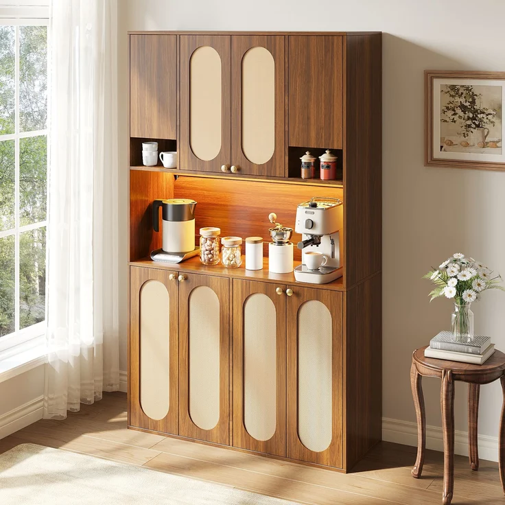 ZUBALIYA Sideboard (106 x 40 x 178 cm), LED - Beleuchtung, Gedämpftes Schließen, Fronten in Flechtoptik, Naturfarben – Bild 6