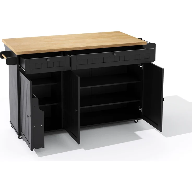 Merax Kücheninsel mit klappbarer Arbeitsplatte, Küchenschrank auf 6 feststellbaren Rollen, mit Ablage, Türregal, 2 großen Schubladen und Schrank, Schwarz, 137 x 89,5 x 45 cm – Bild 9