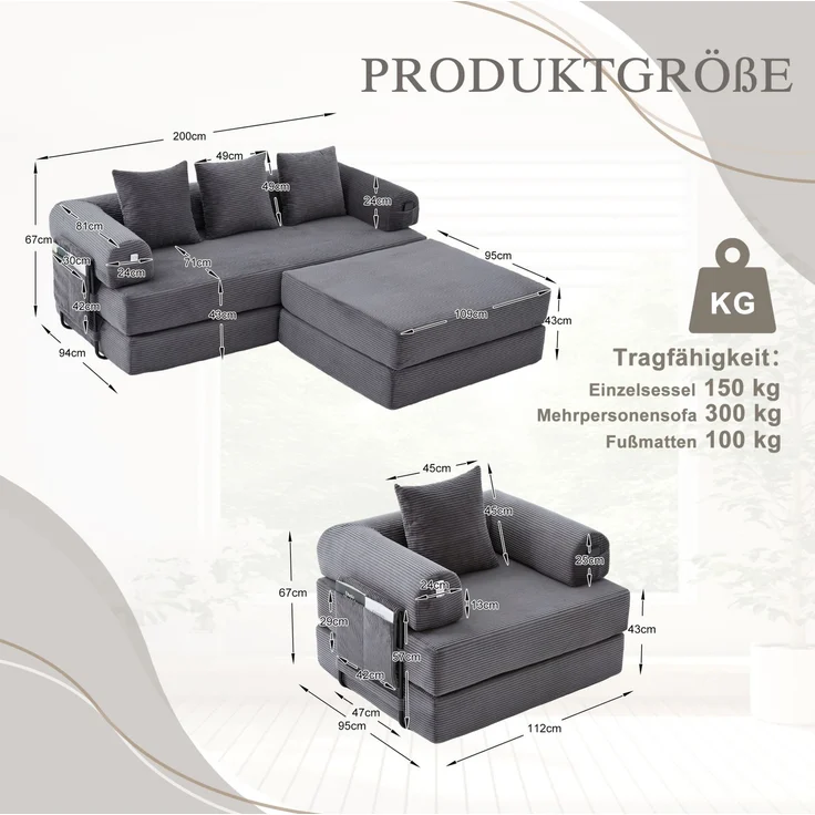 Modulares 4-Sitzer-Sofa 200x190x67 cm mit Sessel und Hocker – Cordbezug, Dunkelgrau – Bild 5