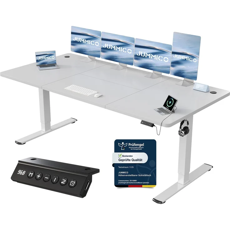 JUMMICO Schreibtisch elektrisch höhenverstellbar mit USB-Ladeanschluss, Grau, 200x80 cm