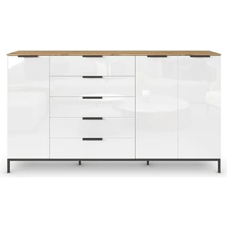 Rauch Möbel Flipp, Kommode mit Stauraum für Wohnzimmer, Schlafzimmer, 4 Fachböden, mit Metallkufe graphit, Eiche Artisan/Glasfront Weiß, 3-türig, Glastüren, 5 Schubkästen, Griffe graphit, 199 x 111 x 42 cm – Bild 5