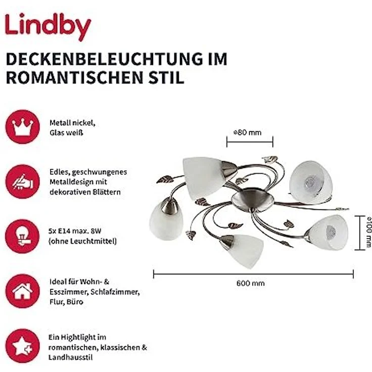 Lindby Deckenleuchten Yannie, Metall, Alu IP20, 5 x 4,5 W LED – Bild 2