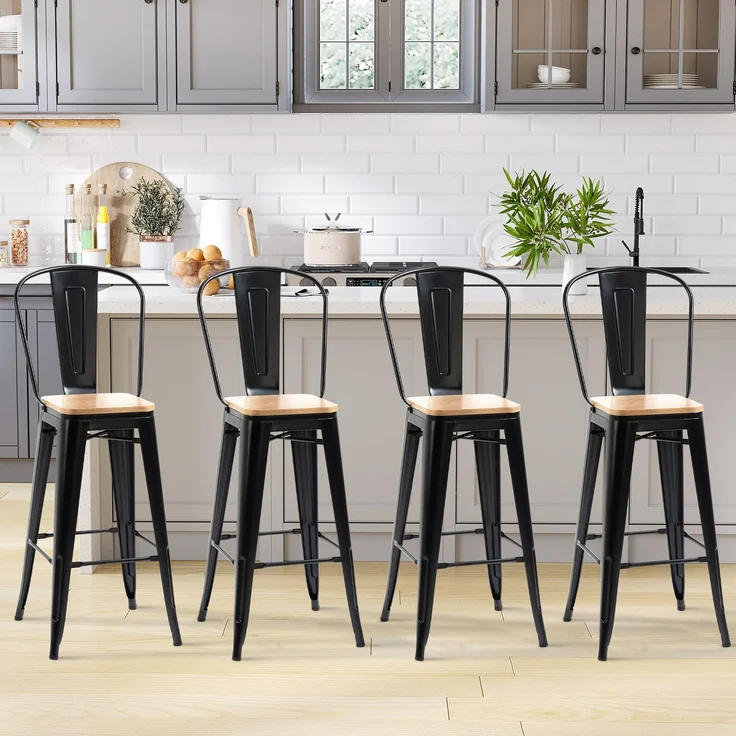 4er-Set Barhocker im Industriestil mit Rückenlehne und Fußstütze, Sitzhöhe 76 cm, schwarzes Metall, mehrschichtige Platten in heller Holzoptik – Bild 3