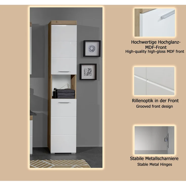 Trendteam 'Amanda' Hochschrank, Holz, Asteiche/Weiß Hochglanz, 190 x 31 x 37 cm – Bild 10