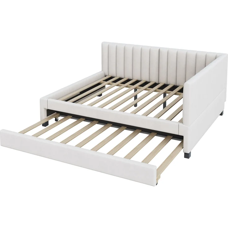 Polsterbett 140*200, Ausziehbares Schlafsofa, Multifunktionsbett mit Lattenrost, Jugendbetten Kinderbetten Gästebetten, Samtstoff Beige – Bild 5
