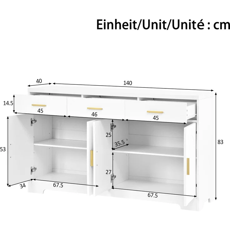 DESVIAE Sideboard Weiß aus MDF – 140x83x40 cm – 3 Schubladen, 4 Türen – Bild 10