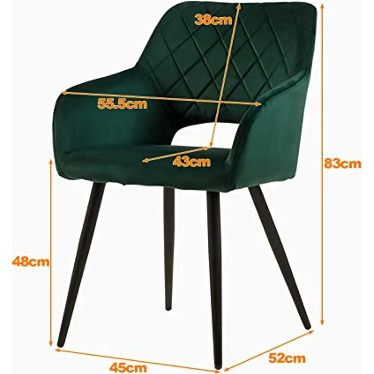 TUKAILAI Esszimmerstühle 2er Set aus Samt, Küchenstuhl Polsterstuhl mit Offener Rückenlehne,Armlehnen,Gepolstertem Sitz, Metallbeinen, Grün Stühle für Wohnzimmer,Esszimmer,Küche – Bild 4