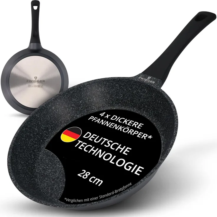 ZWIEGER Hochwertige Bratpfanne 28 cm – beschichtete Pfanne 28 cm, Aluguss, vollflächiger Edelstahlboden, für alle Herdarten (inklusive Induktion) geeignet – Antihaft, PFOA- & PFOS-frei