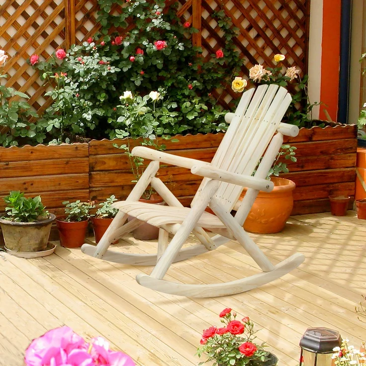 JARDJ Schaukelstuhl aus Holz Schaukelsessel mit hoher Rückenlehne wetterfest Gartenstuhl bis 113kg belastbar Relaxstuhl für Wohnzimmer Garten, Rasen, Balkon Natur – Bild 4