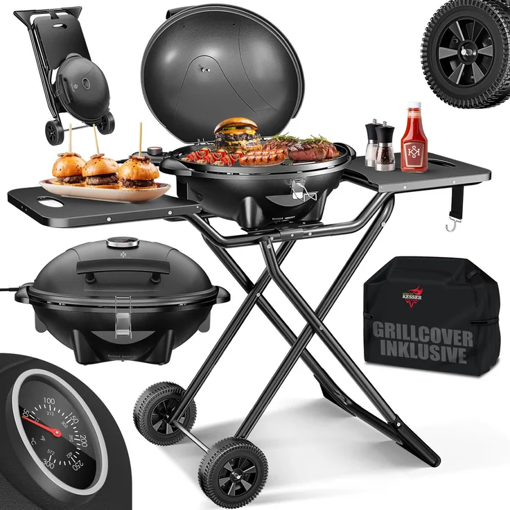 KESSER® 2in1 Elektrogrill mit Deckel und Standfuß, faltbar, mit Thermometer und 2 Räder, Aluminium schwarz, 122 x 98 x 57 cm