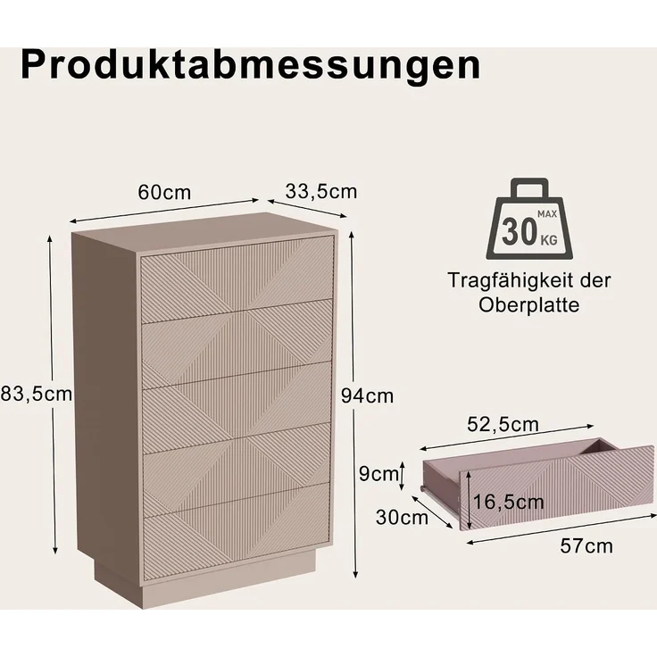 UEV Kommode mit 5 Schubladen, Kommodenschrank Sideboard schmal (Moka), Sideboard Schubladenschrank Push to Open, Mehrzweckschrank für Wohnzimmer Schlafzimmer Flur Büro 60x33,5x94cm--Mokka--60x33.5x94cm--YOUDENOVA – Bild 3
