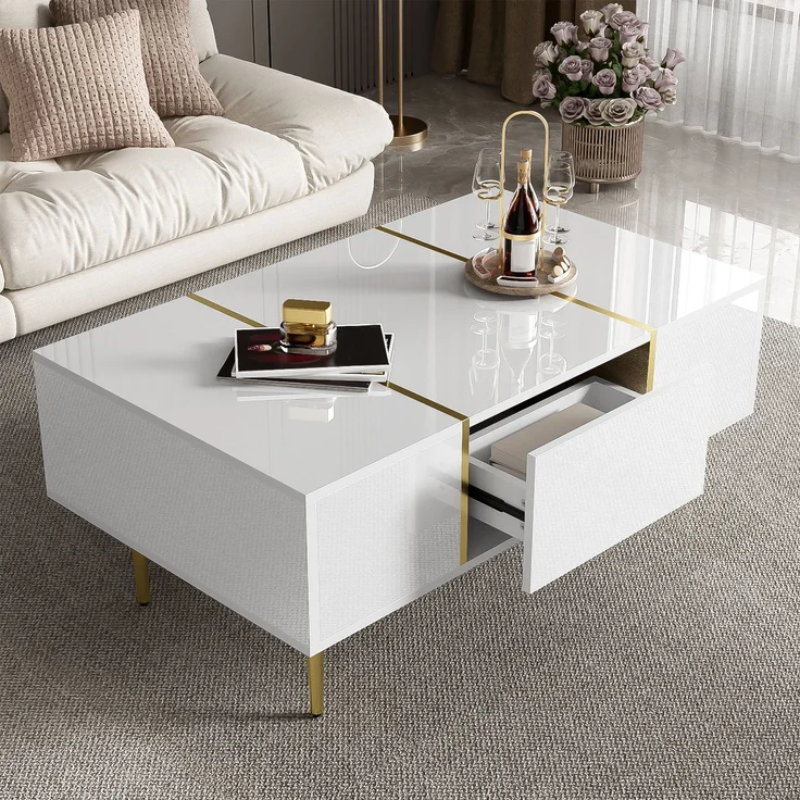 Couchtisch 100 x 60 x 41,5 cm, mit Schubladen, aus MDF, als Ablage für Getränke und Bücher im Wohnzimmer, Weiß – Bild 6