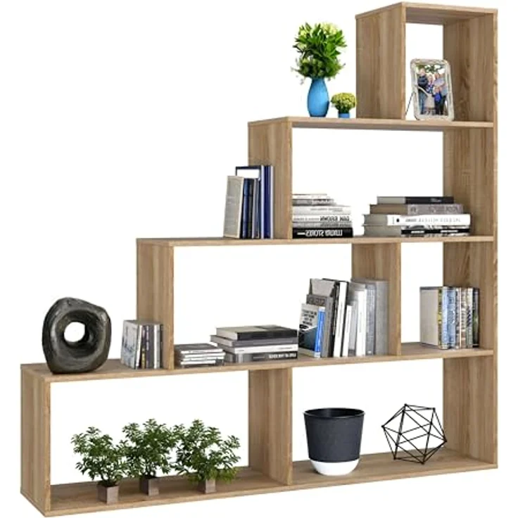 Habitdesign, Bücherregal – dekoratives Regal mit Hochglanz-Finish in kanadischer Eiche, ideal für Wohnzimmer, Büro oder Esszimmer, Maße: 145 x 145 x 29 cm (B x H x T), Modell Klum – Bild 5
