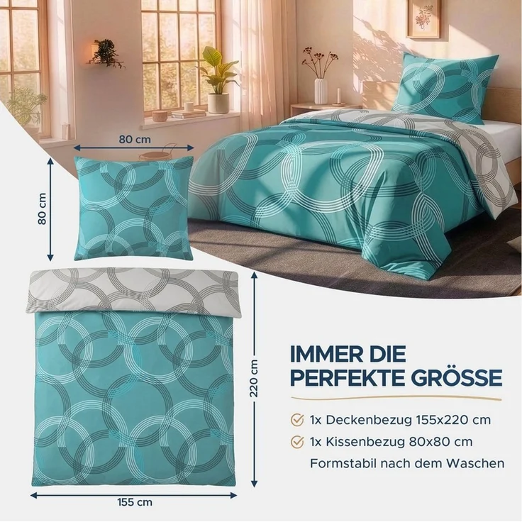Malika Bettwäsche 155x220 + 80x80 cm atmungsaktiver Baummwoll Renforce Bettbezug, Renforce Baumwolle, 2 teilig, Für Allergiker geeignet, pflegeleicht, angenehm weicher Stoff – Bild 3