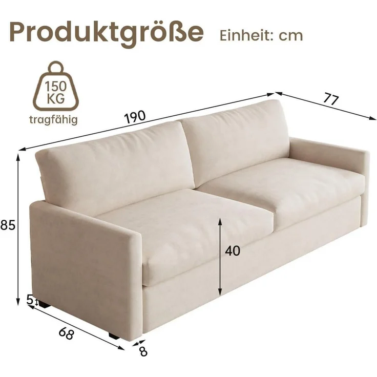 Sofa 3-Sitzer 190 cm Stoffbezug beige mit Armlehnen – Bild 2