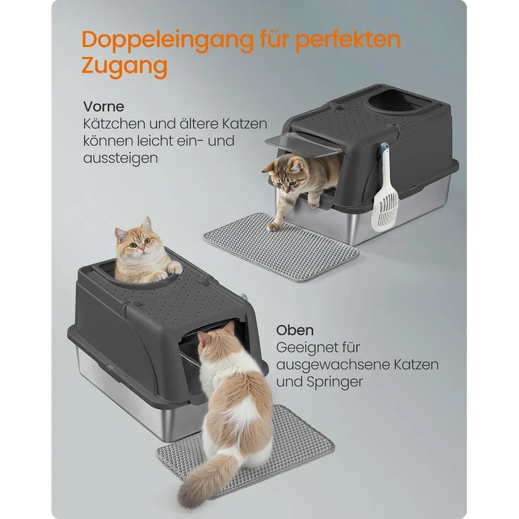 FEANDREA Katzenklo, Katzentoilette, Edelstahl, mit Deckel, Schaufel, Bürste, für Katzen bis 15 kg, schwarz – Bild 5