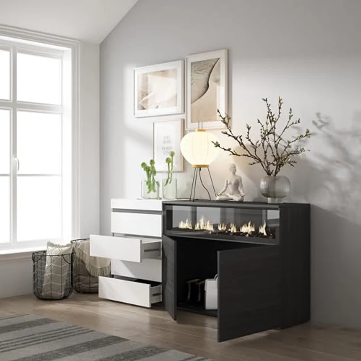 Skraut Home | Kommode mit Schubladen | Aufbewahrungsschrank | 157 x 75 x 35 cm | Für Schlafzimmer, Zimmer | Elektrokamin. | Moderner Stil | Weiß und Schwarz – Bild 5