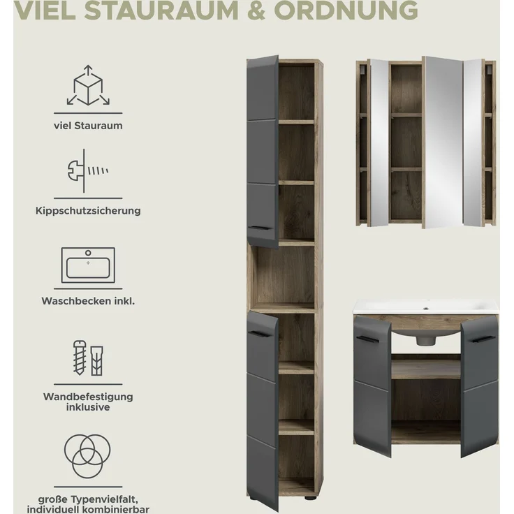 Badkombination (B/H/T: 105x185x46 cm) in schwarz matt und Nox Oak Nachbildung – Bild 9
