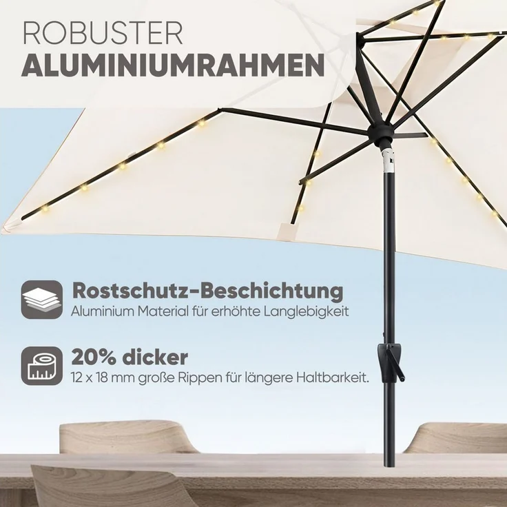 Sekey Sonnenschirm mit LED-Beleuchtung, Kurbel & UV50+, knickbar, Aluminium creme, 210 × 140 cm – Bild 3