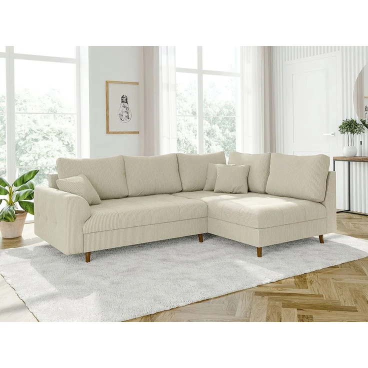 S-Style Möbel Ecksofa und Hocker Zara mit Schlaffunktion und Braun Holzfüßen aus Cord-Stoff, Ottomane links oder rechts bestellbar. Schlaffunktion in Kombination mit Hocker möglich, mit Wellenfederung – Bild 3