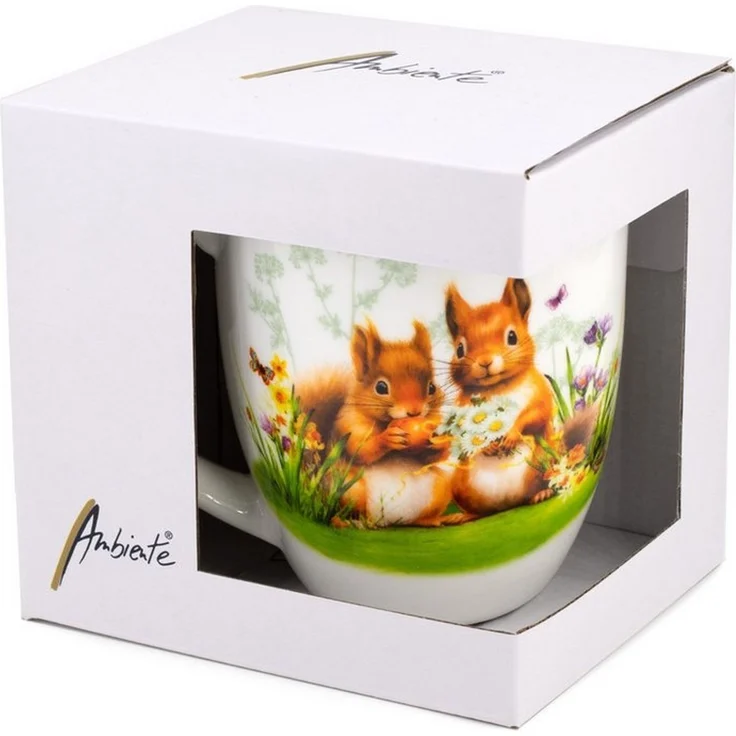 Ambiente Kaffeetasse Tee Becher Mug 0,4l Eichhörnchen Wiese Blumen Fine Bone China Porzellan Frühling Sommer Ostern serie little squirrels