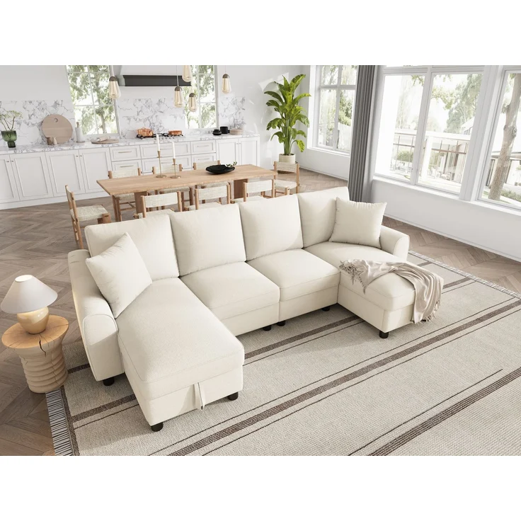 U-life Modernes Chenille U-Form 280x137 cm, fürs Wohnzimmer, 2-Sitzer, Zwei Kissen, Chaiselongues, Großzügig, Chenille, Beige – Bild 10