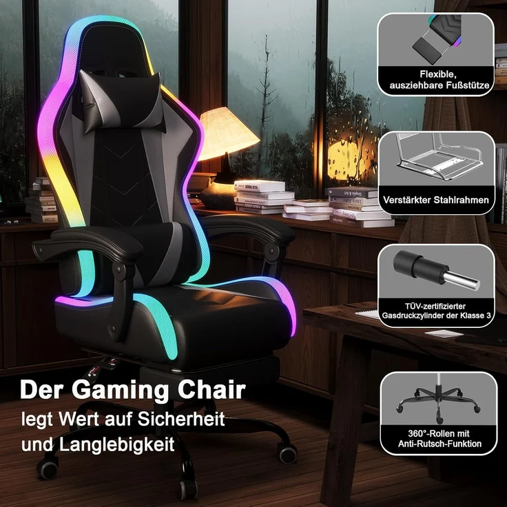 JUMMICO Gaming Stuhl mit led, Cool Racing Gamer Stuhl, Ergonomischer Bürostuhl mit Massagefunktion, Verstellbare Rückenlehne 90-135°, mit Teleskop Fußstütze, Gamingstuhl 150 kg belastbarkeit, Graue – Bild 8