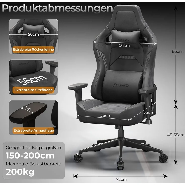 Devoko Gaming-Stuhl Luxuriöser Wildlederimitat,Ergonomisch & Großzügigem Sitz,Bürostuhl, Verstellbare Rückenlehne 90°–135°,3D-verstellbare Armlehnen – Bild 5