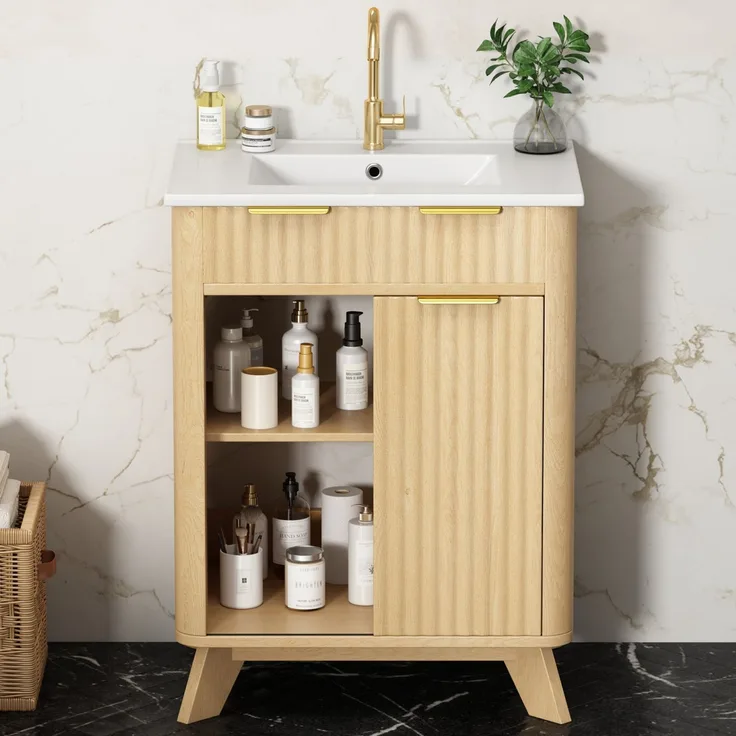 Badunterschrank 61 x 47 x 90 cm mit Keramikwaschbecken, 3 Schubladen und Schiebetür, Naturholzton