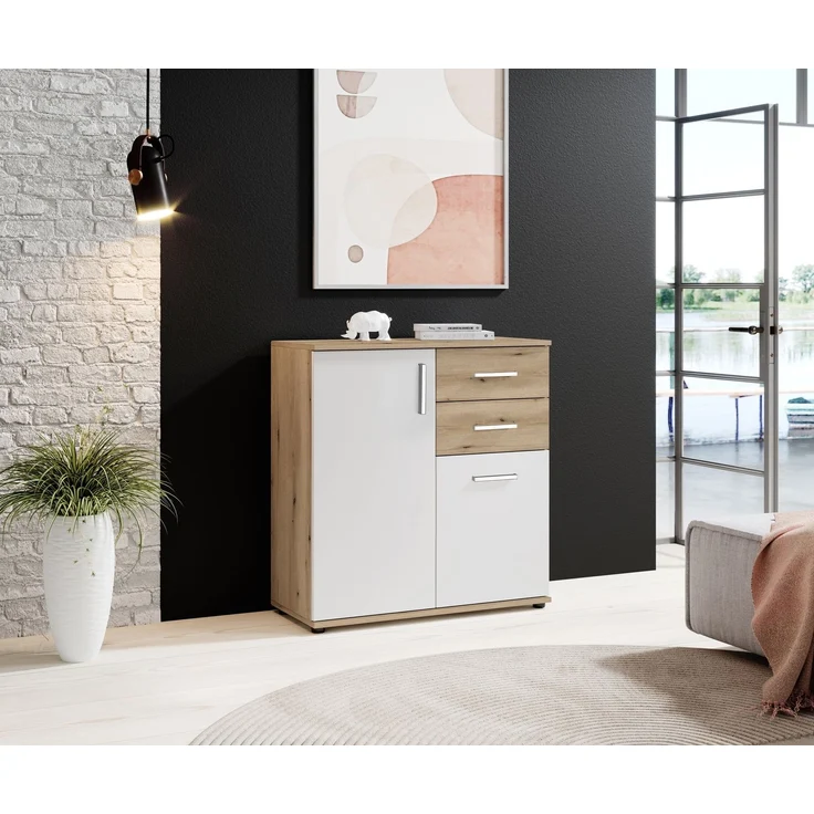 Kommode >BC 1040< 2 Türen, 2 Schubladen, eiche rustica Dekor / weiß - 80x84x35cm (BxHxT) – Bild 2
