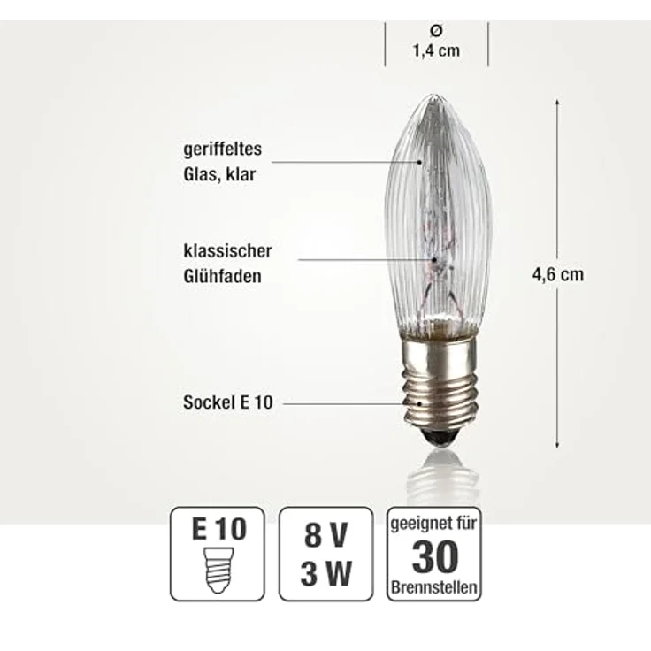 hellum Ersatz-Kerzen für Schwibbogen, 25 Stück 8V 3W Riffelkerze für Weihnachtsbaum Kerzen Lichterketten innen mit 30 Brennstellen, Birnen für Lichterbogen E10/ 8V/ 3W/ 22 Lumen 911114 – Bild 4