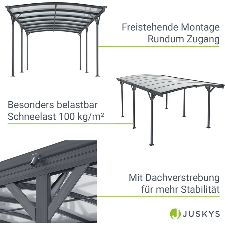 Juskys Carport mit Bogendach 5x3 m - Überdachung aus Aluminium mit Doppelstegplatten - Unterstand für Autos - freistehende Montage - Dunkelgrau – Bild 4