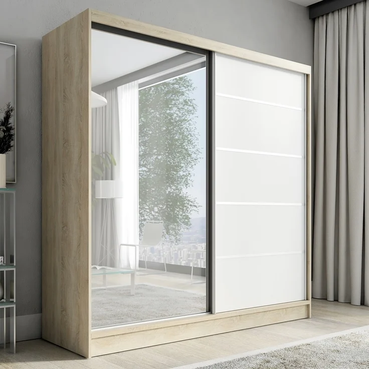 A&J MöbelLand Schwebetürenschrank NERO 200 cm mit Spiegel drei Schubladen – Bild 1