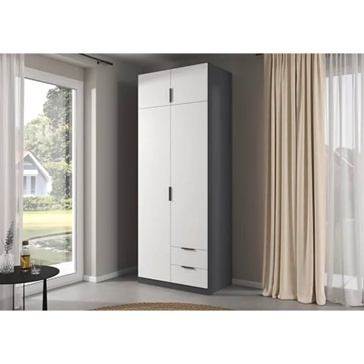 Rauch Möbel Lagoa, Kleiderschrank, Garderobe für Schlafzimmer, Kinderzimmer, Jugendzimmer 4-türig, 2 Schubladen, Farbe Weiß /Grau metallic, Schwarz, Breite 91 – Bild 3
