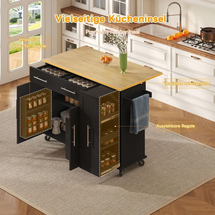 Kücheninsel aus MDF mit Klappblatt & 3-stufigem Auszug, 120x40/65x90 cm, Schwarz/Natur – Bild 4