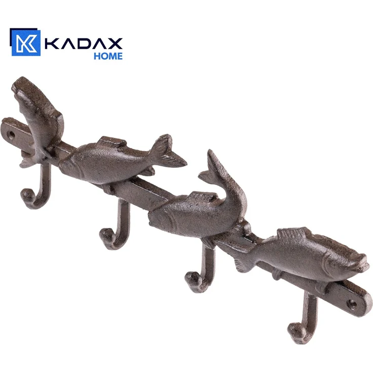 KADAX Fische Hakenleiste aus Gusseisen 34 x 13 cm, maritime Wandgarderobe mit 4 Haken, Wandhaken, Garderobenleiste zur Wandmontage, Kleiderhaken für Flur (Braun) – Bild 6