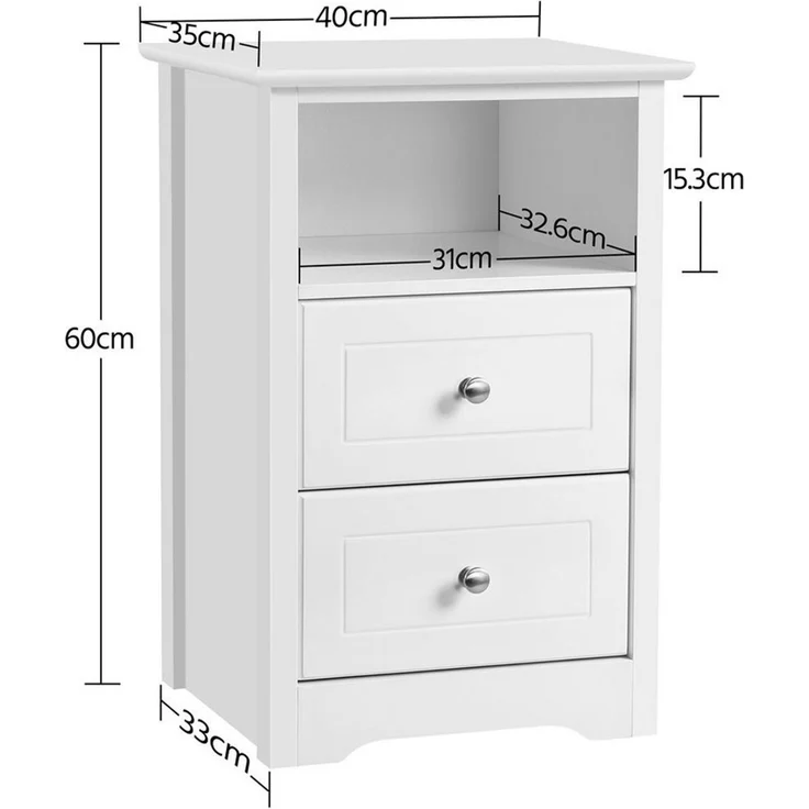 Yaheetech Nachttisch Nachtkonsole, Nachtschrank Beistelltisch mit 2 Schubladen und 1 offener Ablage, Weiß, 60 x 40 x 35 cm – Bild 3