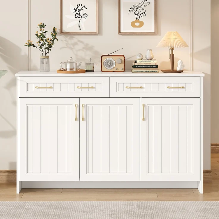 Flieks Sideboard 140 x 40 x 90 cm mit 2 Schubladen, 3 Türen, verstellbaren Einlegeböden und goldenen Griffen, Weiß – Bild 3