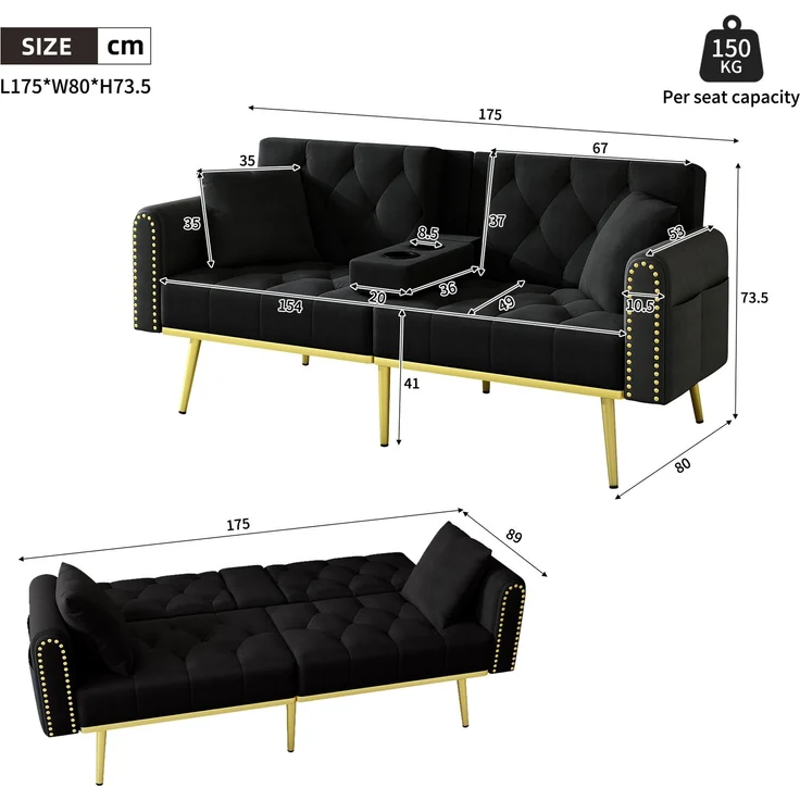 Merax Schlafsofa 2-Sitzer-Sofa mit Liegefunktion, drei verstellbaren Neigungswinkeln und Getränkehalter, Schwarz – Bild 4