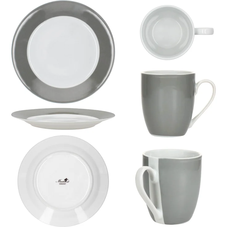 12tlg Frühstücksset Variant Grau Porzellan 6 Personen Teller klein Kaffeebecher – Bild 8